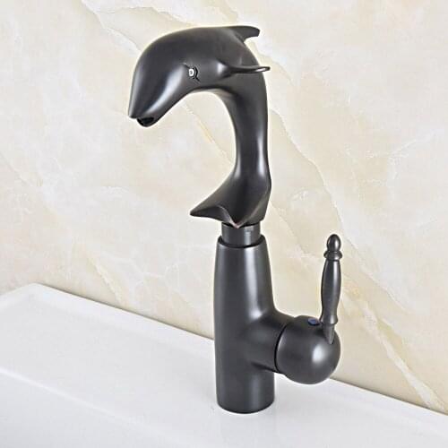 Black Oil Rubbed Bronze Swivel Spout Single Handle Lever Cute Animal Dolphin Style Bathroom Kitchen Sink Faucet Mixer Tap asf845
