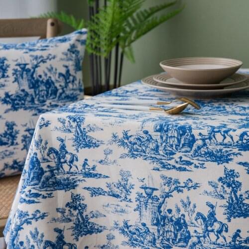 Retro Blue Decorative Table Cloth Rectangular Tablecloths Dining Table Cover Kitchen Obrus Mantel Mesa Home Decor Cushion Cover