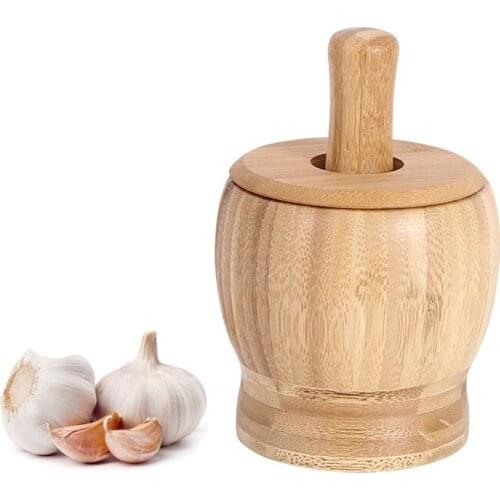 Wood Garlic Press Mortars & Pestles with Lid For Grind Herbs Spices Grains Pepper Mills
