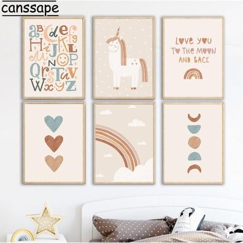 Nursery Wall Art Poster Unicorn Painting Alphabet Print Rainbow Posters Heart Prints Boho Wall Paintings Baby Kids Bedroom Decor
