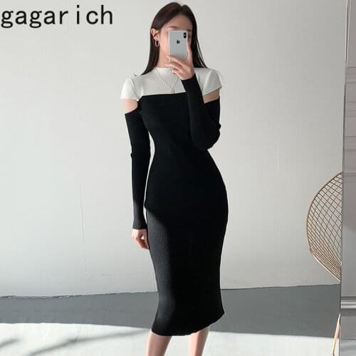 Gagarich Women Dresses 2020 Winter Autumn Korean Chic French Elegant Shoulder-Hollowed Contrasted-Color Female Knitted Vestidos