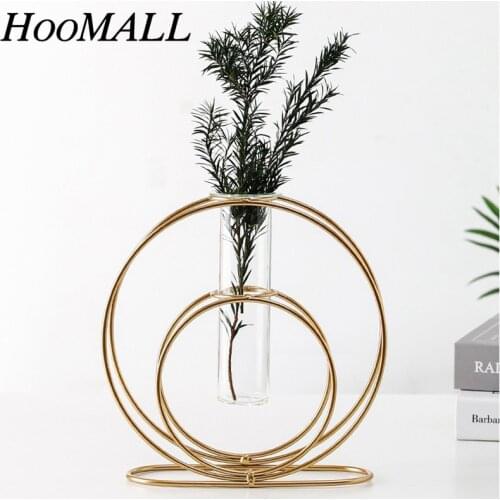 Simple Geometric Metal Wrought Iron Transparent Glass Hydroponic Vase Decoration Dried Flower Arrangement Home Decor