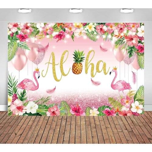 Summer Aloha Party Backdrop Pink Rose Gold Flamingo Tropical Hawaii Floral Photography Background Luau Pineapple Decoration