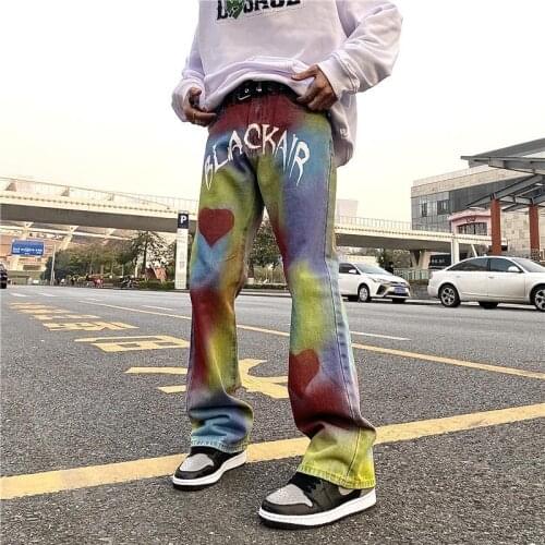 Vibe style of Retro High Street tie-dyed mens hip hop baggy jeans Hand painted love graffiti Straight jeans women loose pants