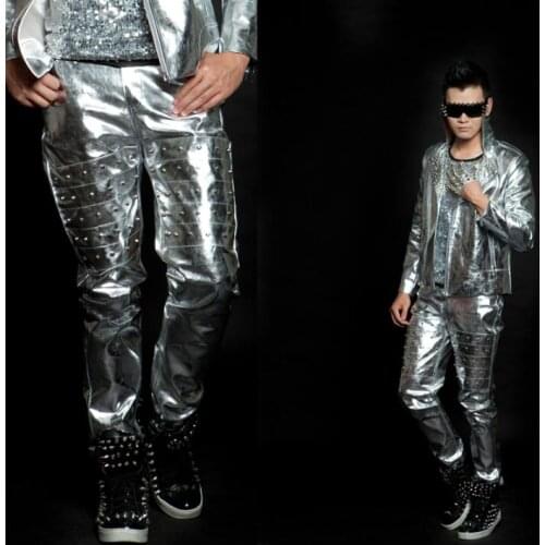 Stage personality men leather pants silver rivet harem pant men european trousers singer dance rock pantalon homme street