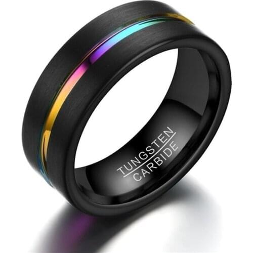 Exquisite Fashion 8mm Wide Band and Thick 2.5mm Black Groove Seven Color Gradual Change Mens Tungsten Carbide Personality Ring