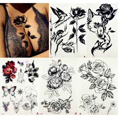 Summer Style Rose Sexy Flower Temporary Tattoo Sticker Leaves Black Tatoo Body Art Arm Pencil Sketch Waterproof Tattoos Painting