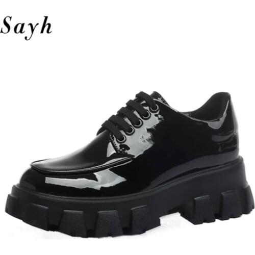 Fashion Women Flats Leather Shoes Luxury Brand Flat Platform Chunky Heels Causal Patent Leather Girls Shoes