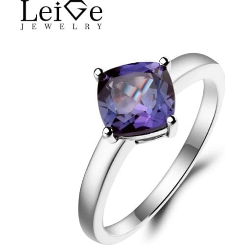 Leige Jewelry Alexandrite Ring Engagement Ring June Birthstone Cushion Cut Gemstone 925 Sterling Silver Solitaire Ring for Her