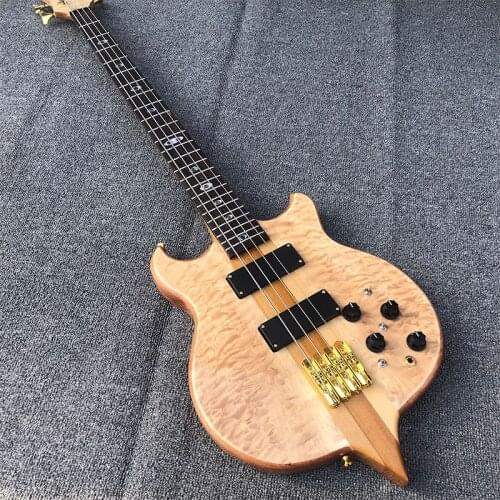 High-grade 4-string electric bass, neck through body, log color paint, gold fittings, corrugated maple veneer, postage