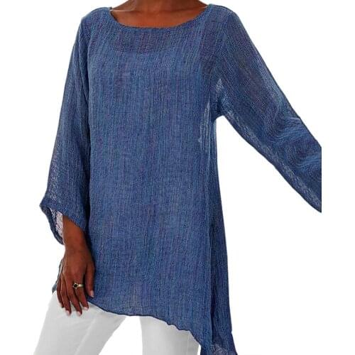 Plus Size T-Shirt Women Solid Color Linen O-Neck Long Sleeve Irregular Tunic Top T-Shirt Oversize T Shirt Women