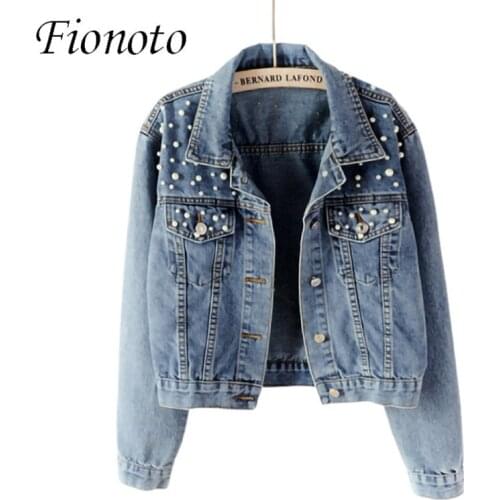 Fionoto Female Outwear 2020 new Pearl Beading Short Denim Jackets for ladies long sleeve women casual loose jacket Women Top