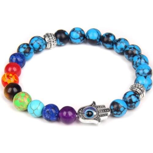 7 Chakras Bracelet Turquoises Gemstones Hamsa Hand Of Fatima Evil Eye Charm Bracelets For Women Men Ethnic Pray Handmade Jewelry
