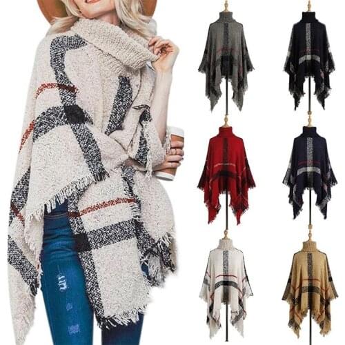 Poncho Sweater Women Fringed Stripe Knit Pullover Sweaters Cape Coat High Collar Vintage Shawl Scarf Panchos Female Winter