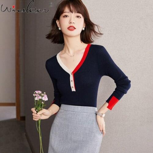 Color Block New Sweater Women Girls V-neck Buttons Slim Preppy Style Long Sleeve Pullover Knitwear Tops Spring Autumn T18309A