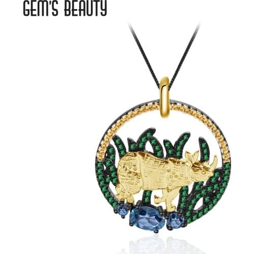 GEMS BEAUTY 925 Sterling Silver 18K Gold Filling Rhinoceros Necklace Natural London Blue Topaz Handmade Necklace For Women Gift