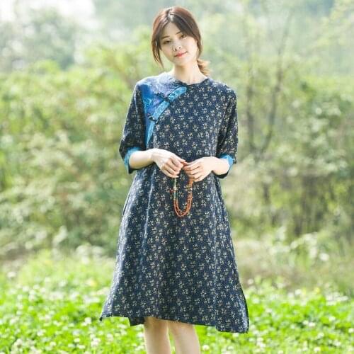 Chinese Style Womens Summer Dress Cotton Linen Printing Panelled Dress With Handmade Buckle Retro Female Clothing