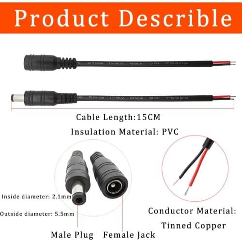 10Pcs 15CM CCTV LED DC Power Pigtail Cable 5.5x2.1mm Male Female Connector 12V Connector for Monitor 5050 3528 LED Strip Light