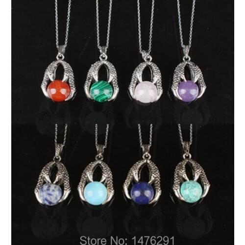 33x25MM Mix-Color Crystal Stone Round Beads Fierce Eagle Claw Alloy Pendant Silver Plated Necklace
