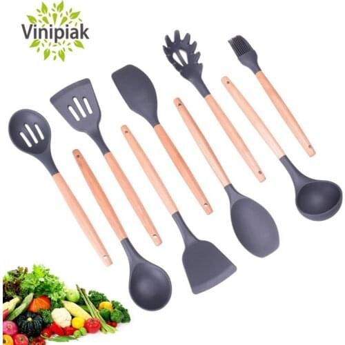 8pcs/set 9pcs/set Wood Kitchen Tools Utensils Cook Utensil Food Grade Silicone Cookware Spaghetti Spoon Shovel Spatula Ladle