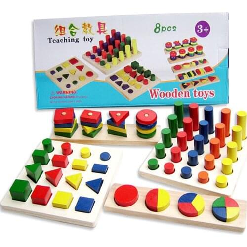 8 in 1 Montessori Sensory Aids Wooden Geometric Block - Early Color & Shape Cogntion Teaching Aids Educational Toy