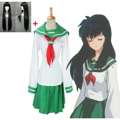 Anime Cosplay Costume Halloween Sailor Costumes Inuyasha Higurashi Kagome Girl School Uniform (Top + Skirt + Bow Tie + Wig)