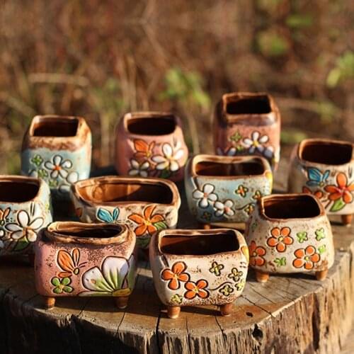Korean Style Fleshy Flower Pot Ceramic Handmade Thumb Basin Pot Vase Coarse Pottery Office Balcony Ornaments Home Garden