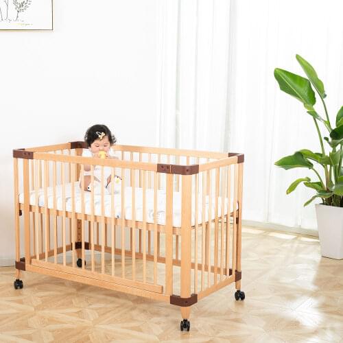Baby Bed Newborn Baby Crib Natural Wooden Crib Adjustable Safe Bed Side Bed With Wheel Babybett Infant High Quality Newborn Crib