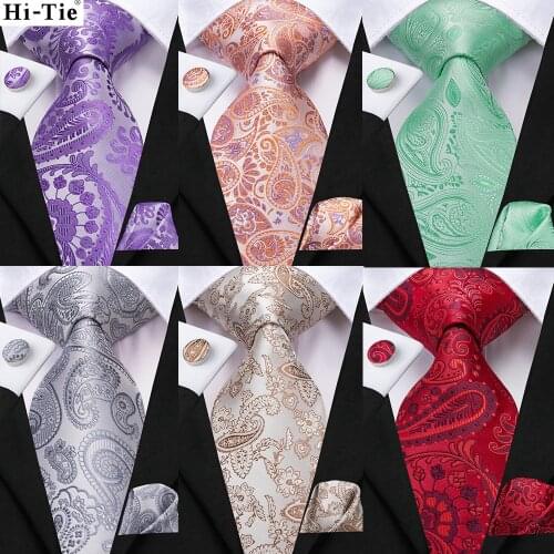 Hi-Tie Light Purple Orange Paisley Silk Wedding Tie For Men Business Party Hanky Cufflink Men Gift Fashion Gravata Dropshipping