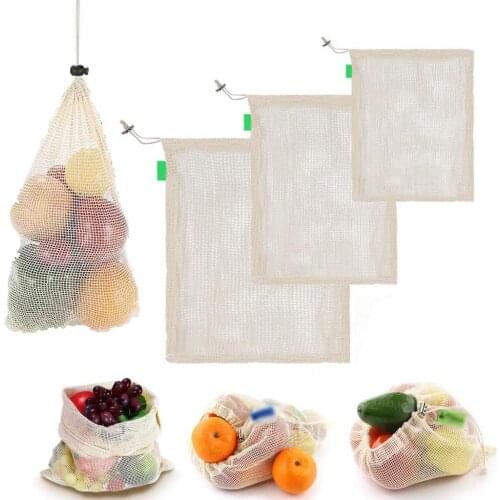 Cotton Mesh Vegetable Fruit Bags Reusable Washable With Drawstring Shopping Storage Bag Eco-Friendly Organic Bio-degradable