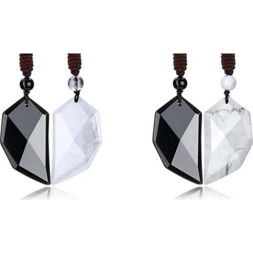 KFT Natural Heart Crystal Quartz Stone Pendant Healing Amethysts Crystal Black Agates Stone Faceted Pendant Chain Necklace