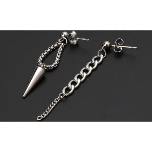 Korean KPOP Album Mismatch Titanium Tassel Chain Drop Earrings R7RF