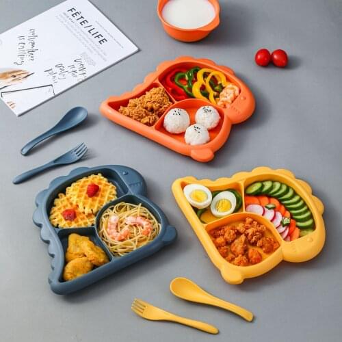 Dinosaur Baby Tableware 4pcs Set Fall Resistant Dishes Plate Bowl Spoon Fork Solid Food Self Feeding for Kids Children Creative