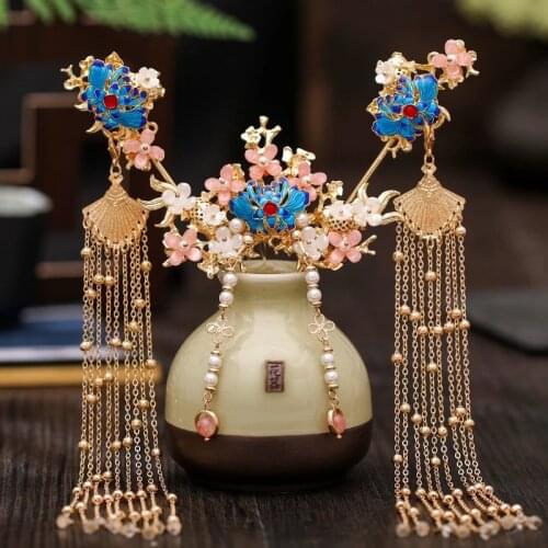 Newest Fashion Palace Costume Style Pearl Tassel Chinese Bride Headdress Hanfu Hairpin Haircomb Set Brides Hair Accessories