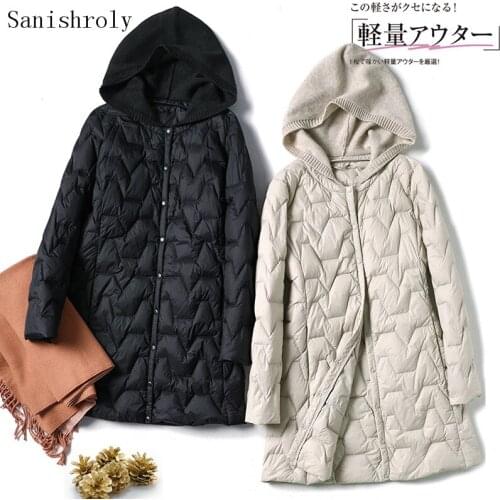 Autumn Winter 2021 Fashion Women Ultra Light White Duck Down Jacket Ladies Knitted Pachwork Hooded Coat Slim Midi Jakcet Parka