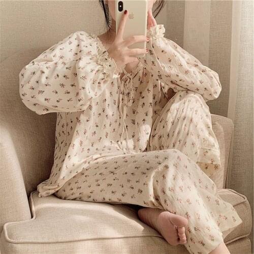Net Red Pajamas Women Loose Sleepwear 100%Cotton Sweet Floral Free To Match Home Clothes New Casual Pijamas Women Nightwear