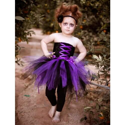 Girls Halloween Tutu Dress With Polyester Crochet Top Stretched Purple Zombie Cosplay Dress Cute Girls Party Ball Gown Dress