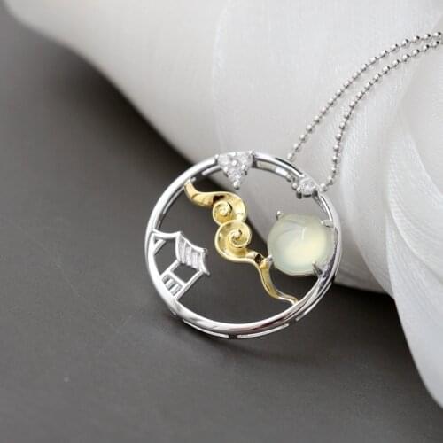 Authentic 925 Sterling Silver Pendant Inlaid Natural Prehnite Retro Style Lady Silver Ornament High Quality Jewelry Gift