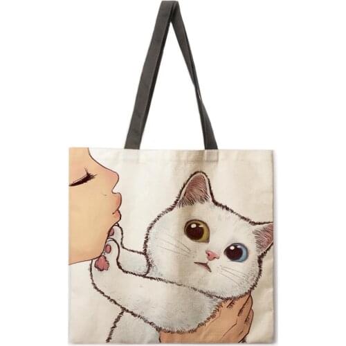 Kissing cat casual tote bag linen bag reusable shopping bag outdoor beach bag casual tote bag
