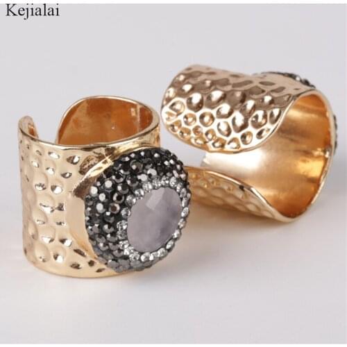 Cutted round clear white crystal stone bead charm wrap adjustable resizable wide gold open hammered ring cuff for woman man