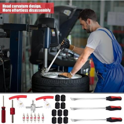 Car Tire Levers + 6 Valve Cores + 3 Tools w/ 2 Red Rim Protectors + 10 Caps for Outdoor Personal Motorcycle Accessories