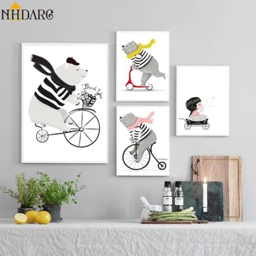 Nordic Kids Room Decoration Cartoon Animals Bicycles Posters and Prints Canvas Print Painting Art Wall Pictures for Living Room
