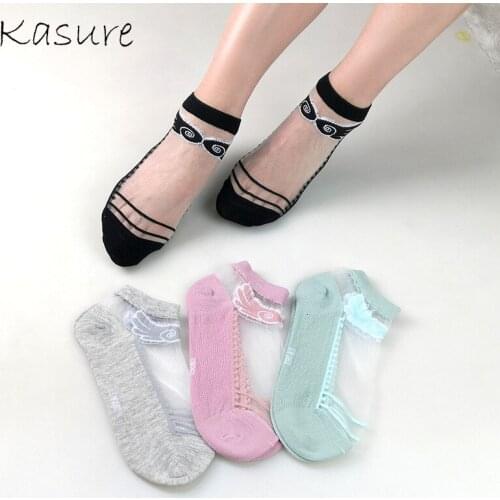 KASURE Funny Jacquard Wing Patterned Mesh Glass Silk Ankle Socks For Women Transparent Spring Summer Cool Female White Sock