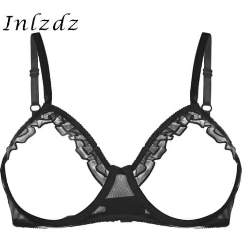 Womens Erotic See Through Bras Sheer Mesh Lingerie Adjustable Spaghetti Shoulder Straps Bare Breast Ruffles Underwired Bra Top