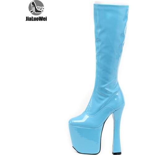 Western Knee High Boots Solid Pu Leather 20CM Super High Block Heel Platform Thick Heels Women