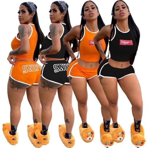 Echoine Women Letter print Fitness 2 Piece Set vest Crop Top and Biker Shorts Summer Fashion Jogger Tracksuit Party Club Outfits