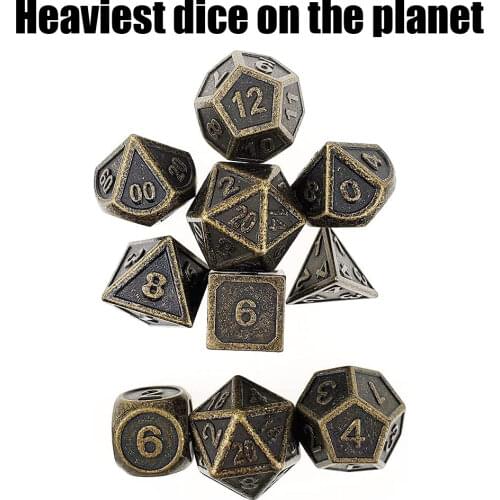 Special Set of 10 Heavy Metal Dice Antique Dirty Bronze Standard 7 Die Set Plus 12 Sided D4, Round D6 and Extra D20 for DND D&D