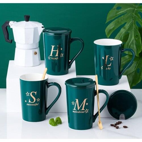 350ml Creative Letter Ceramic Water Mug With Spoon and Cup Lid Coffee Milk Green Cup for Girlfriend Sister Roommate