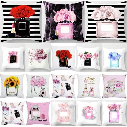 45X45CM New Super Soft Cushion Cover Hand Painted Flowers Perfume Bottles Polyester Cotton Home Decorative Throw Pillow Covers