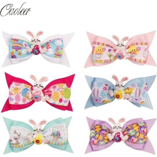 3 Inch 6 Pcs/Lot Easter Day Hair Bows for Girls Easter Rabbits Bowknot Printed Ribbon Hairbow Kids Hairgrips Hair Accessories